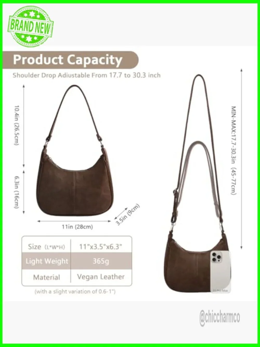 Soft Leather Crossbody Hobo Bag with Adjustable Strap, 11x6.3 Inches